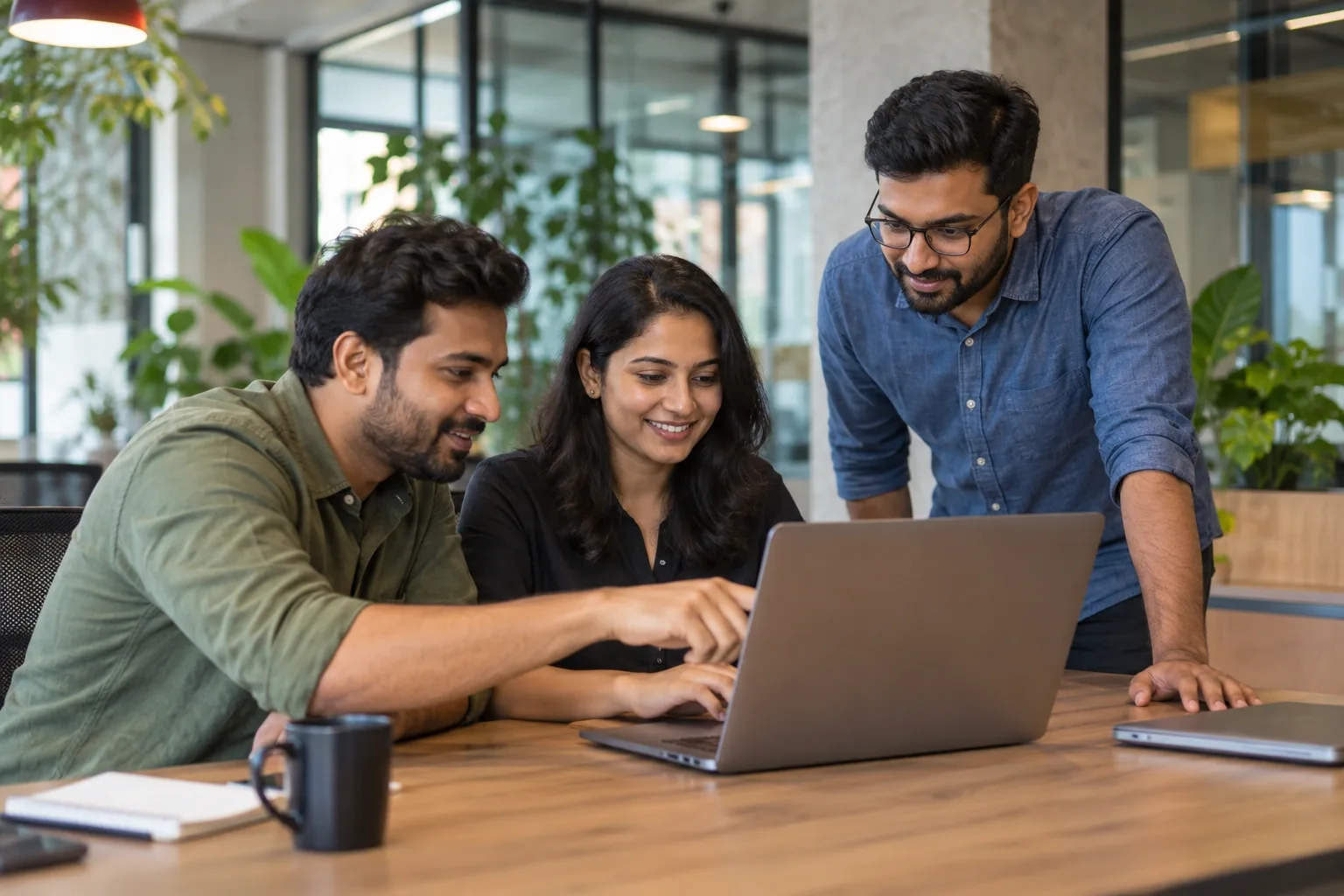 Three Indian software professionals collaborating around a laptop in a modern studio with glass partitions and greenery, screens angled away, candid editorial photography.